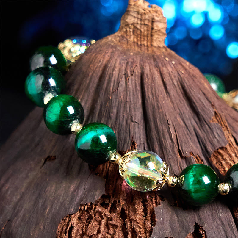 Wear FengShui Natural Green Tiger Eye Beads Green Leaf Positive Bracelet