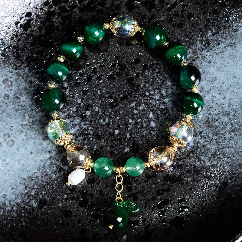 Wear FengShui Natural Green Tiger Eye Beads Green Leaf Positive Bracelet