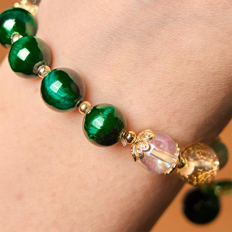 Wear FengShui Natural Green Tiger Eye Beads Green Leaf Positive Bracelet