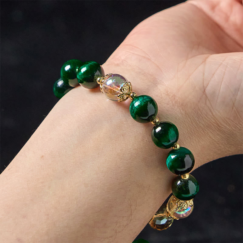 Wear FengShui Natural Green Tiger Eye Beads Green Leaf Positive Bracelet