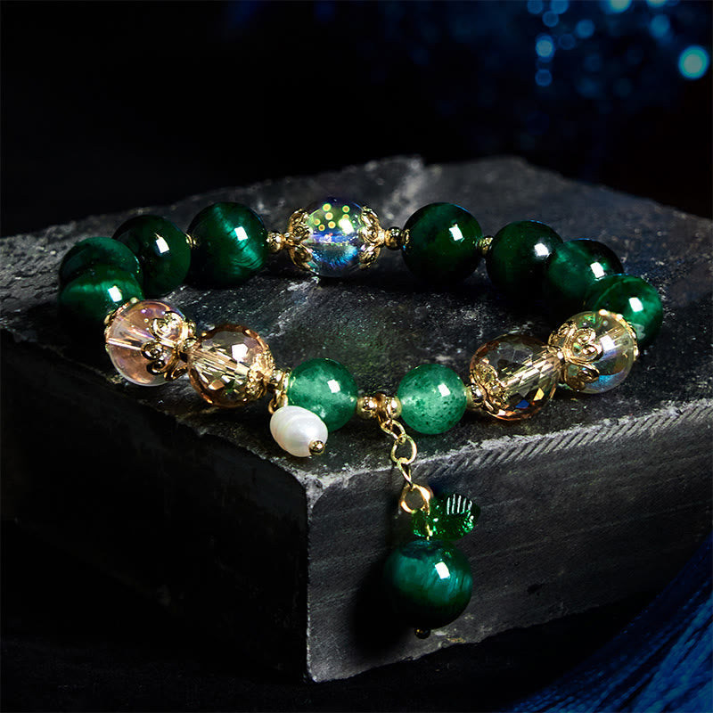 Wear FengShui Natural Green Tiger Eye Beads Green Leaf Positive Bracelet