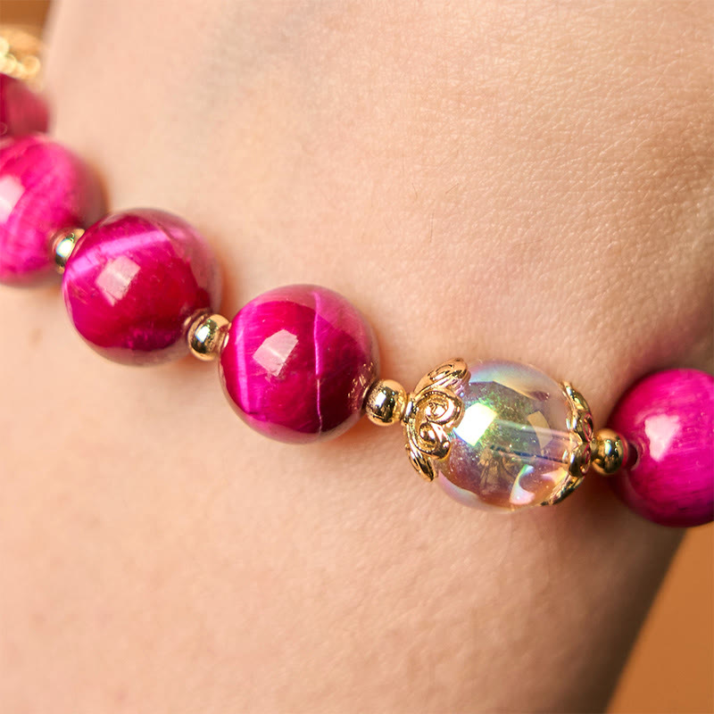 Wear FengShui Natural Red Tiger Eye Purple Tiger Eye Beads Green Leaf Protection Bracelet
