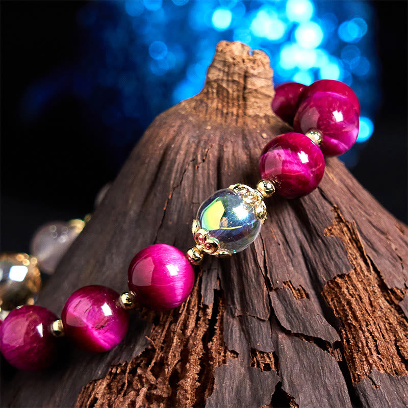 Wear FengShui Natural Red Tiger Eye Purple Tiger Eye Beads Green Leaf Protection Bracelet