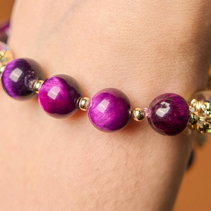 Wear FengShui Natural Red Tiger Eye Purple Tiger Eye Beads Green Leaf Protection Bracelet