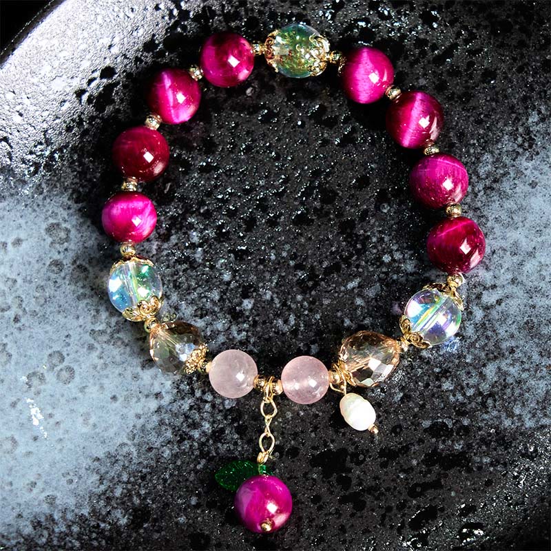 Wear FengShui Natural Red Tiger Eye Purple Tiger Eye Beads Green Leaf Protection Bracelet