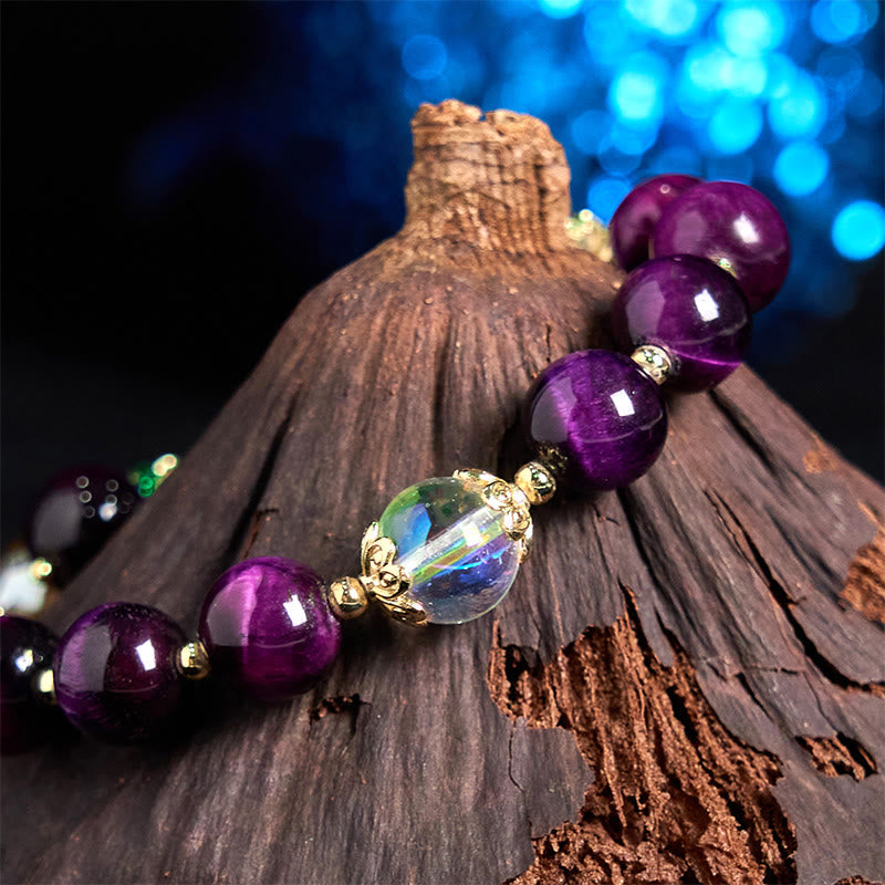 Wear FengShui Natural Red Tiger Eye Purple Tiger Eye Beads Green Leaf Protection Bracelet