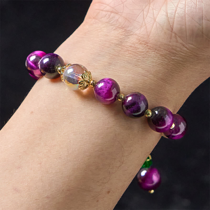 Wear FengShui Natural Red Tiger Eye Purple Tiger Eye Beads Green Leaf Protection Bracelet