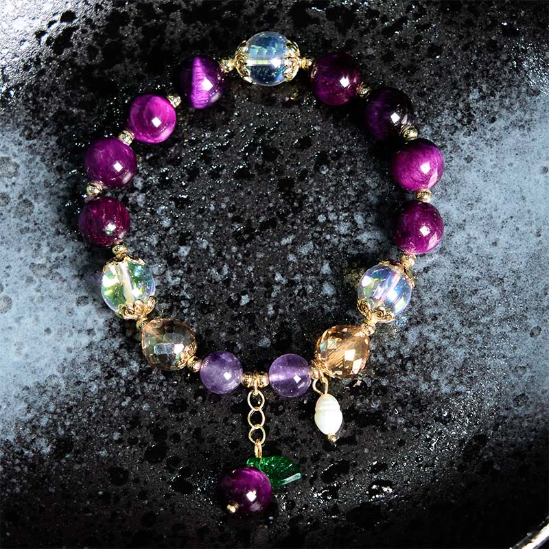 Wear FengShui Natural Red Tiger Eye Purple Tiger Eye Beads Green Leaf Protection Bracelet
