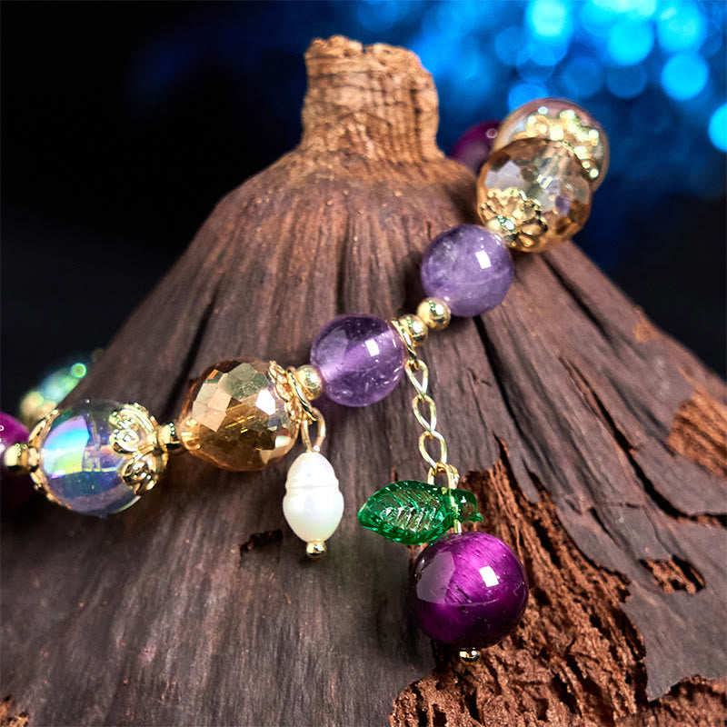 Wear FengShui Natural Red Tiger Eye Purple Tiger Eye Beads Green Leaf Protection Bracelet