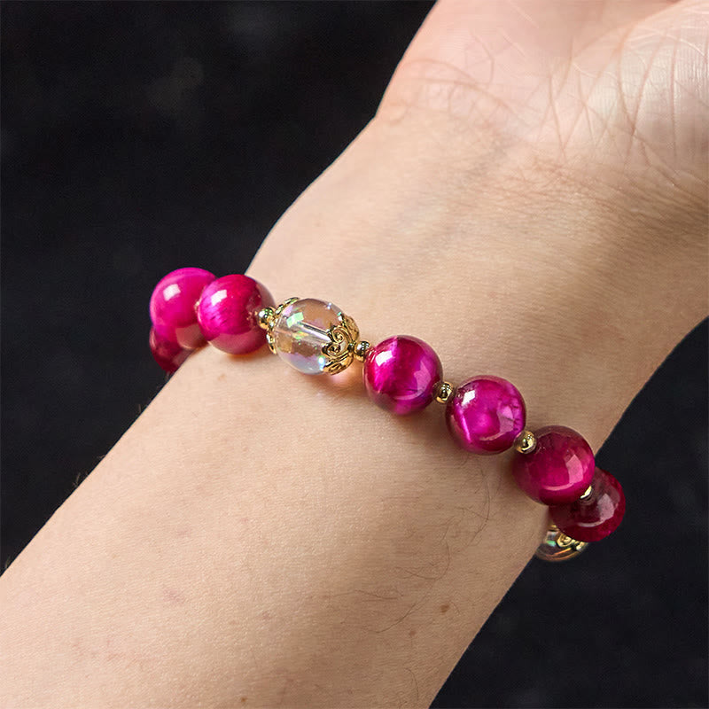 Wear FengShui Natural Red Tiger Eye Purple Tiger Eye Beads Green Leaf Protection Bracelet