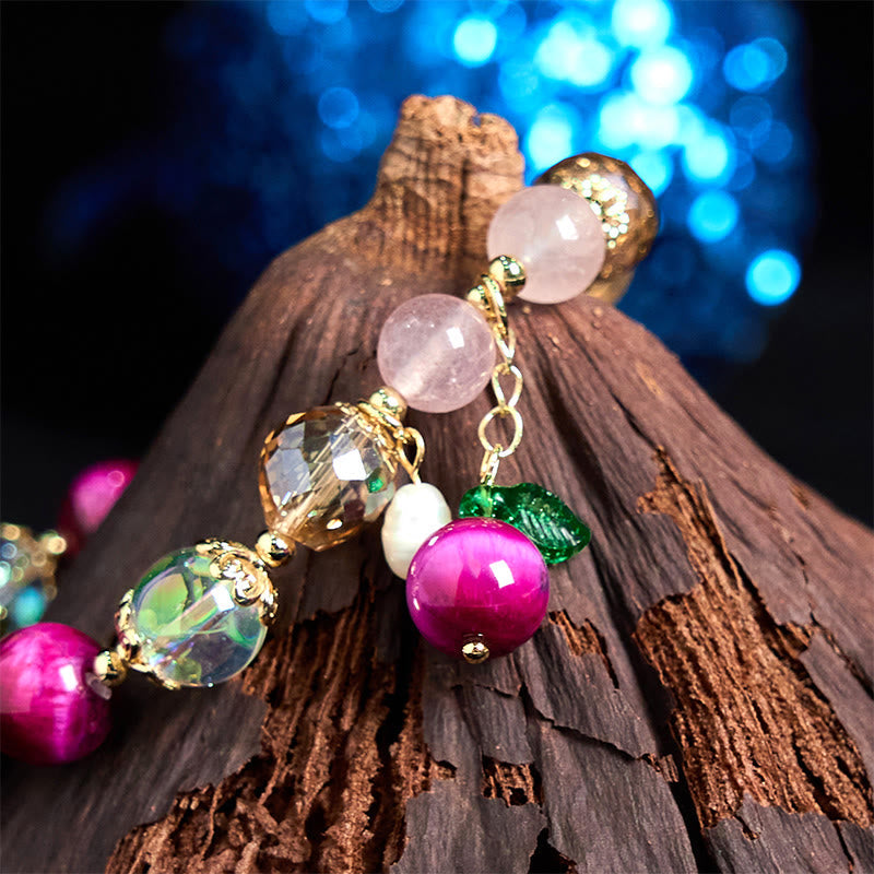 Wear FengShui Natural Red Tiger Eye Purple Tiger Eye Beads Green Leaf Protection Bracelet