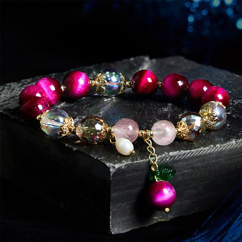 Wear FengShui Natural Red Tiger Eye Purple Tiger Eye Beads Green Leaf Protection Bracelet