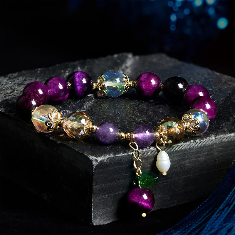 Wear FengShui Natural Red Tiger Eye Purple Tiger Eye Beads Green Leaf Protection Bracelet