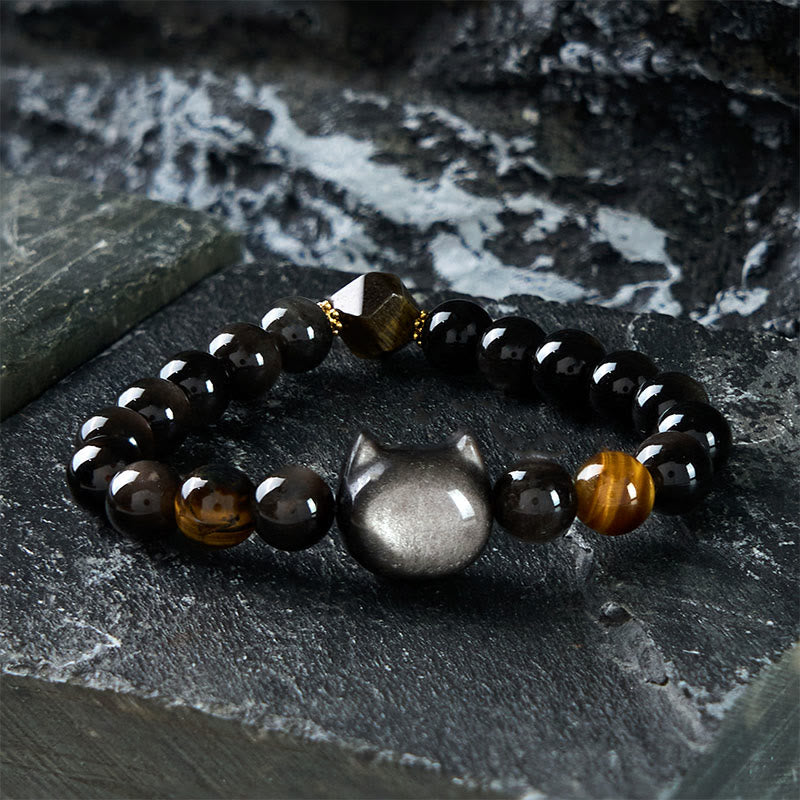 Wear FengShui Natural Silver Sheen Obsidian Beads Cute Cat Soothing Bracelet