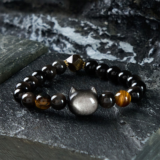 Wear FengShui Natural Silver Sheen Obsidian Beads Cute Cat Soothing Bracelet