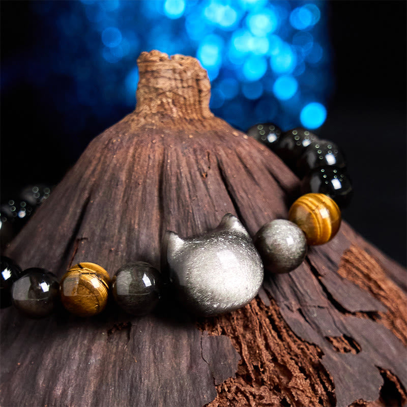 Wear FengShui Natural Silver Sheen Obsidian Beads Cute Cat Soothing Bracelet
