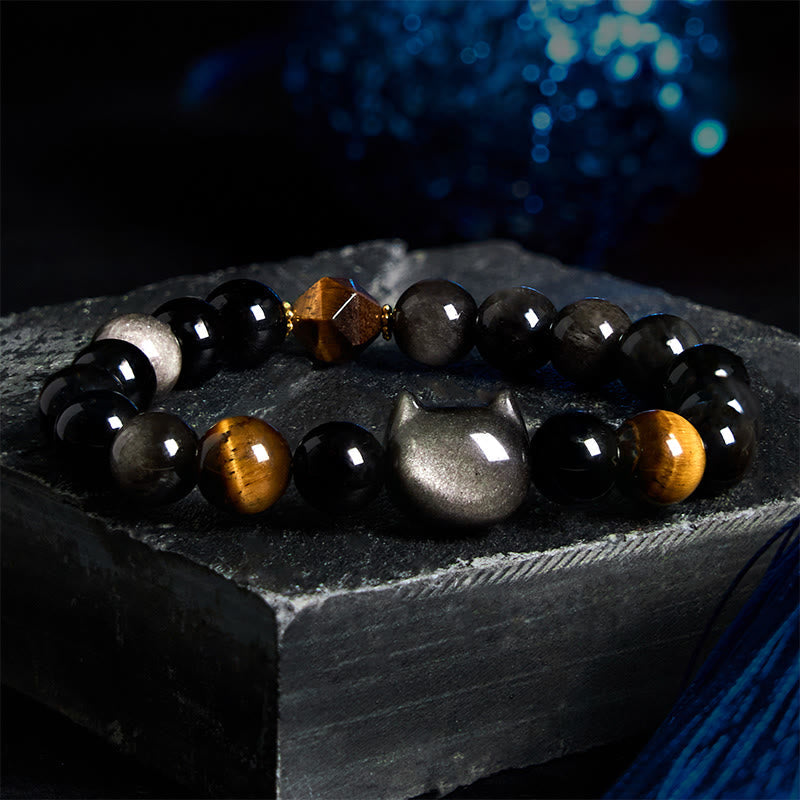 Wear FengShui Natural Silver Sheen Obsidian Beads Cute Cat Soothing Bracelet