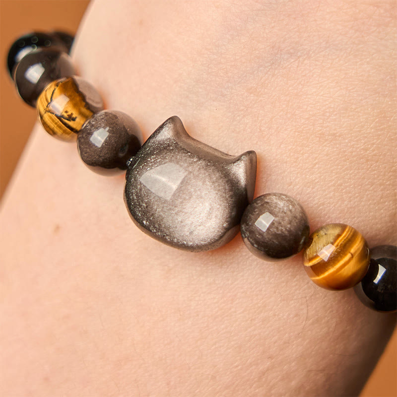 Wear FengShui Natural Silver Sheen Obsidian Beads Cute Cat Soothing Bracelet