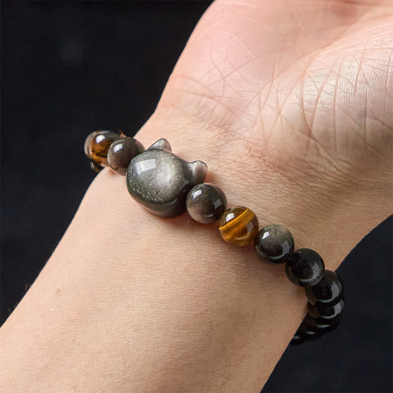 Wear FengShui Natural Silver Sheen Obsidian Beads Cute Cat Soothing Bracelet