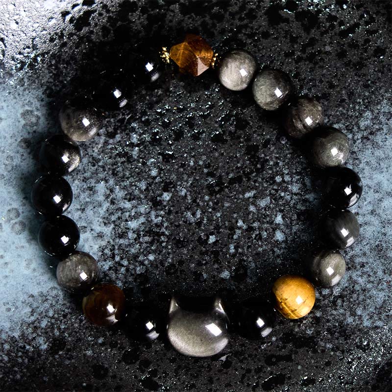 Wear FengShui Natural Silver Sheen Obsidian Beads Cute Cat Soothing Bracelet