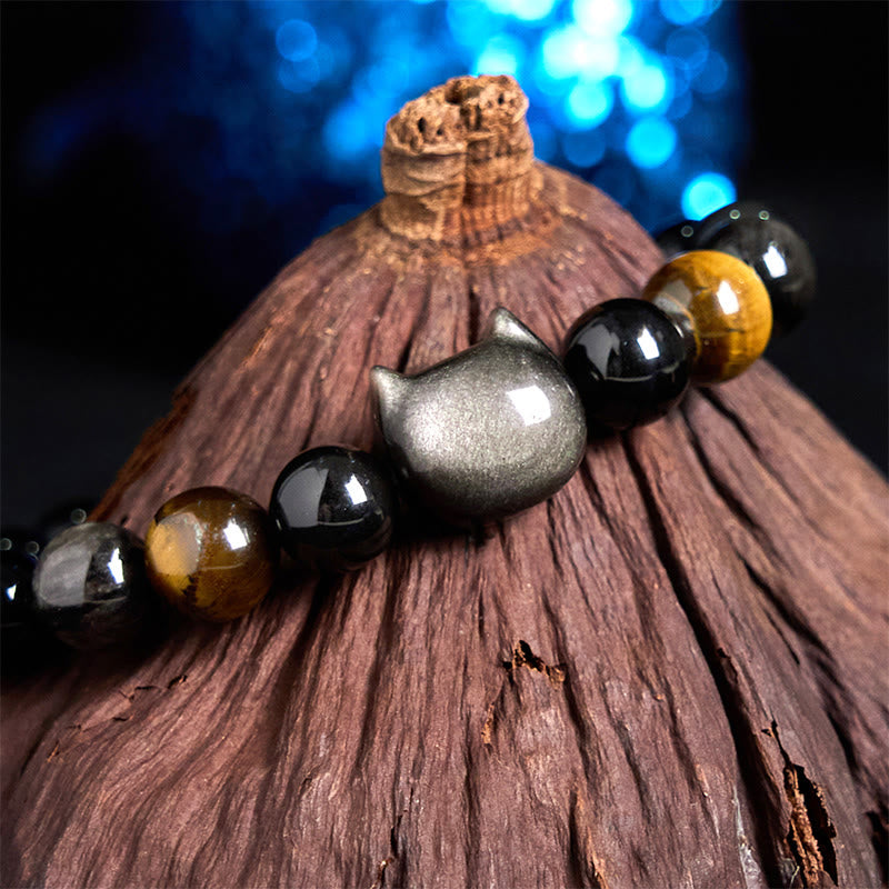 Wear FengShui Natural Silver Sheen Obsidian Beads Cute Cat Soothing Bracelet