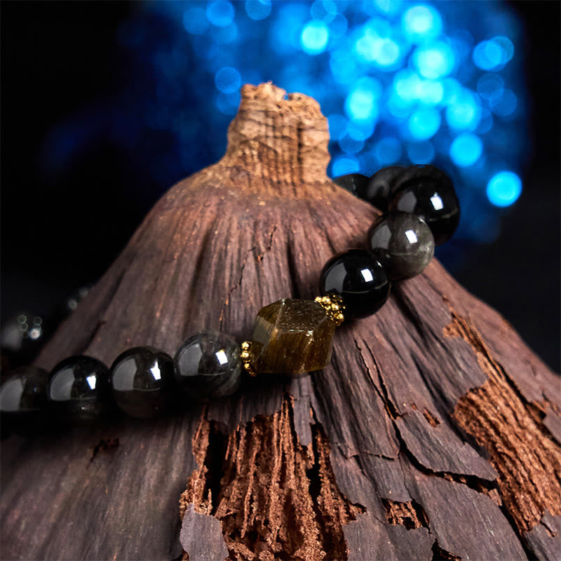 Wear FengShui Natural Silver Sheen Obsidian Beads Cute Cat Soothing Bracelet