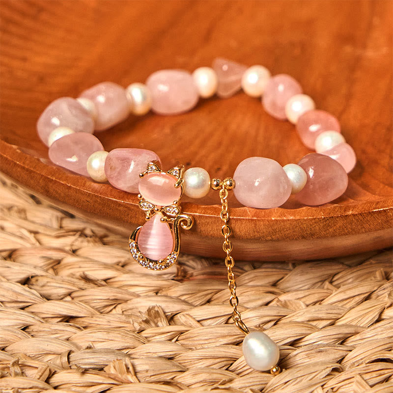 Wear FengShui Natural Strawberry Quartz Pearl Cat Positive Bracelet