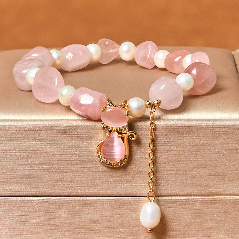 Wear FengShui Natural Strawberry Quartz Pearl Cat Positive Bracelet