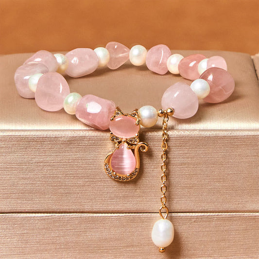 Wear FengShui Natural Strawberry Quartz Pearl Cat Positive Bracelet