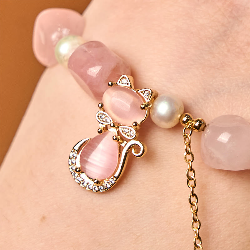 Wear FengShui Natural Strawberry Quartz Pearl Cat Positive Bracelet