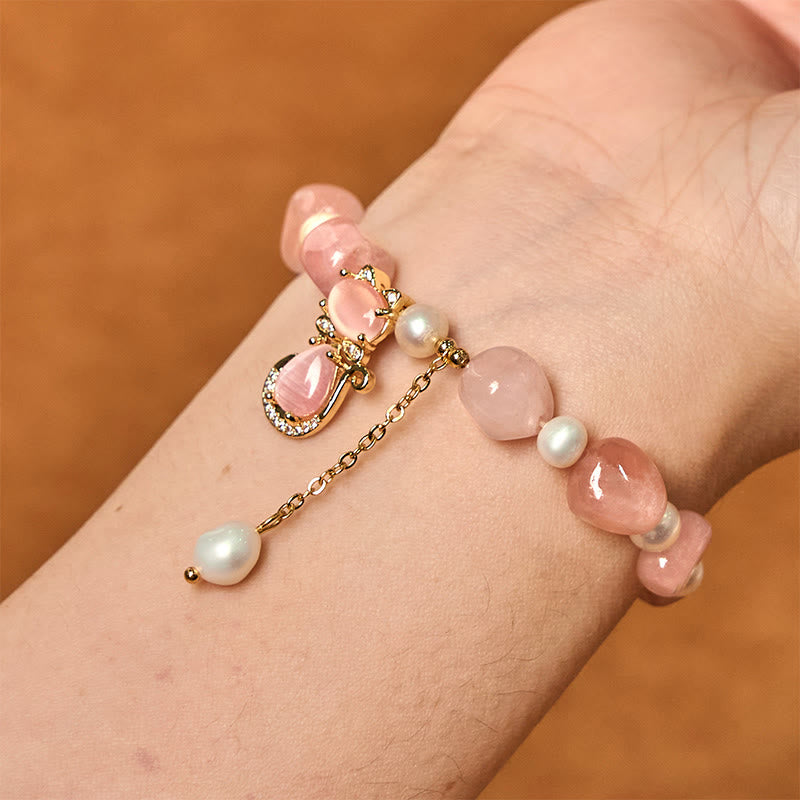 Wear FengShui Natural Strawberry Quartz Pearl Cat Positive Bracelet