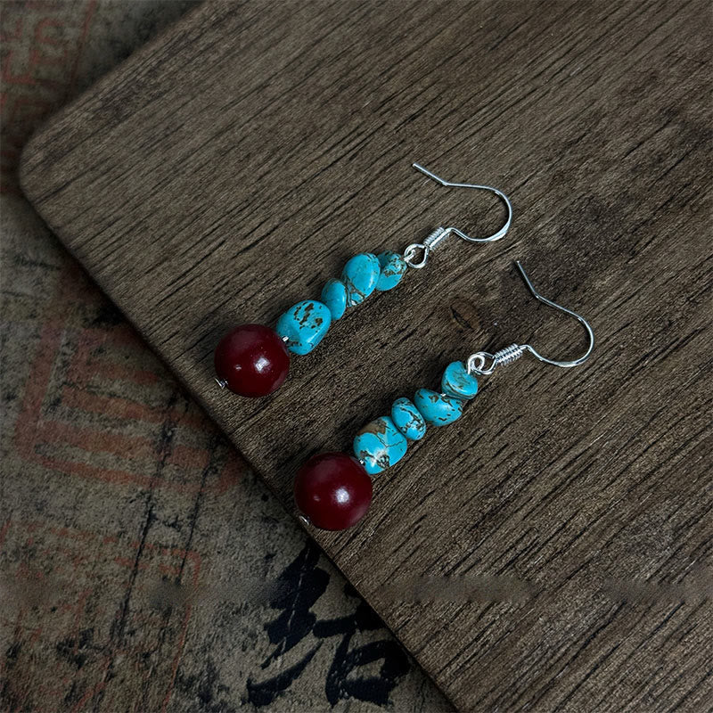 Wear FengShui Tibetan 925 Sterling Silver Turquoise Cinnabar beads Protection Earrings