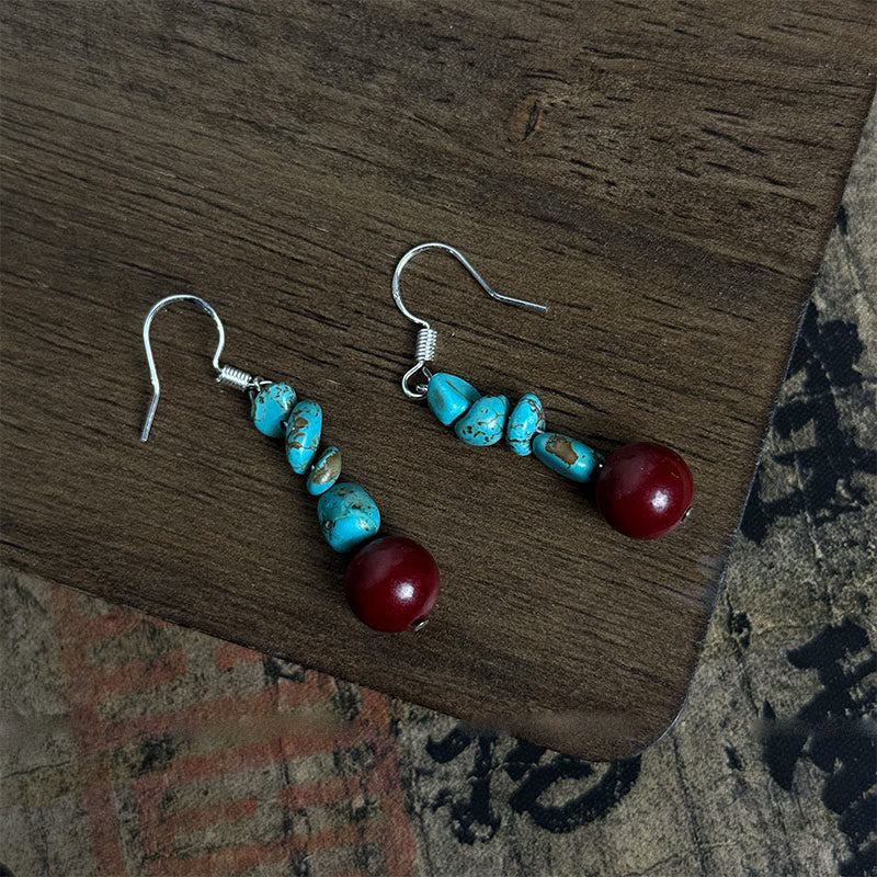 Wear FengShui Tibetan 925 Sterling Silver Turquoise Cinnabar beads Protection Earrings