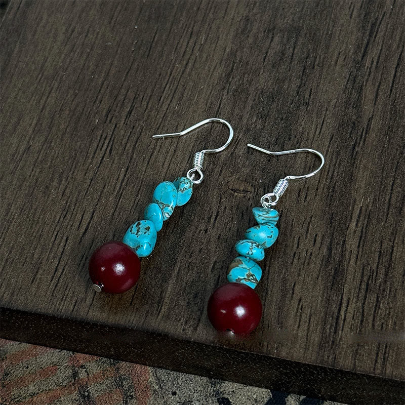 Wear FengShui Tibetan 925 Sterling Silver Turquoise Cinnabar beads Protection Earrings