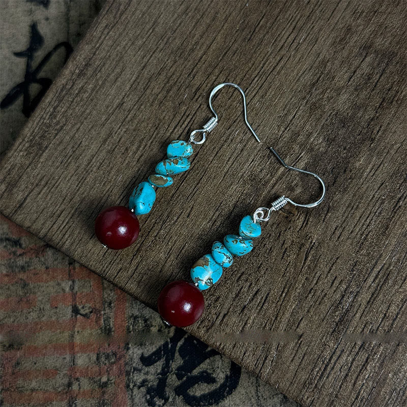 Wear FengShui Tibetan 925 Sterling Silver Turquoise Cinnabar beads Protection Earrings