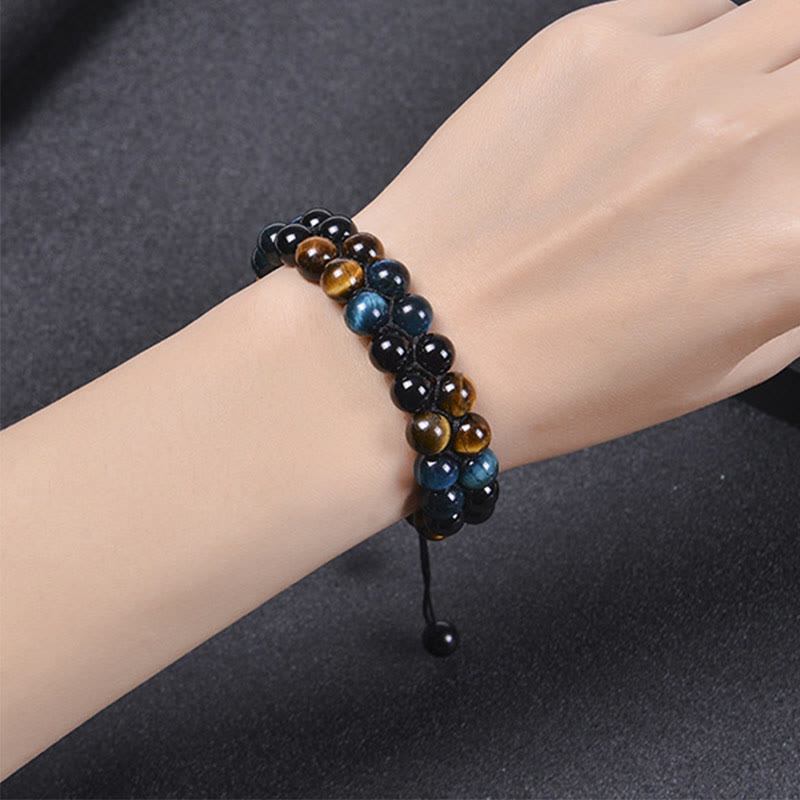 Wear FengShui Natural Blue Tiger Eye Black Magnetite Om Pattern Double Row Beads Strength Bracelet