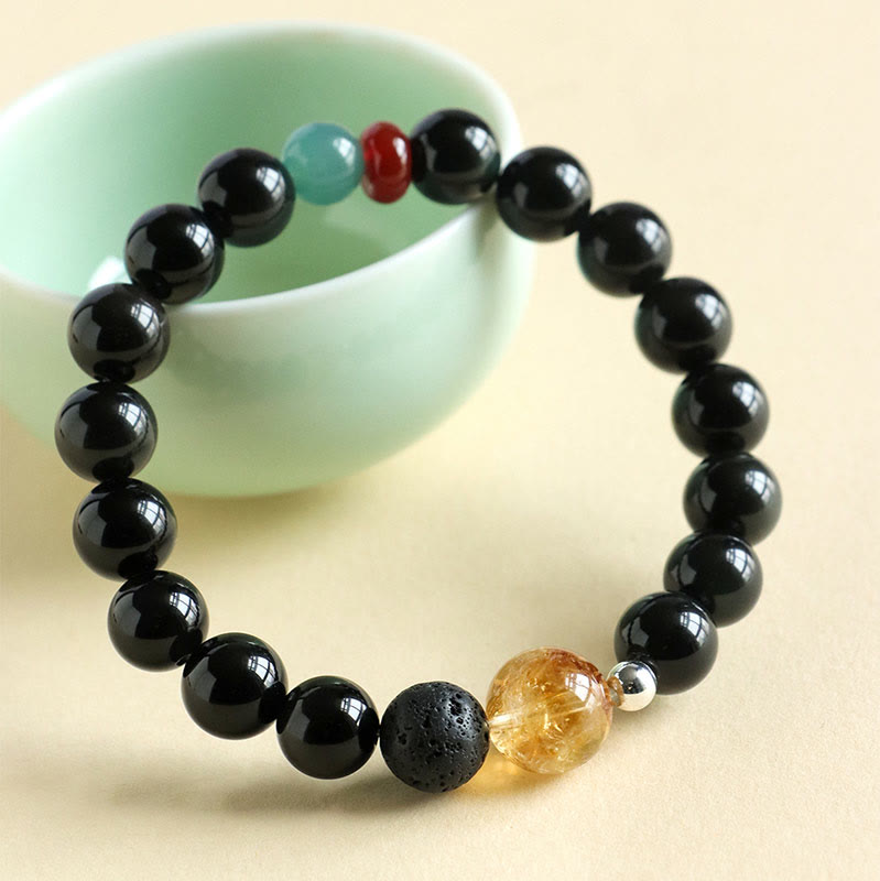 Wear FengShui Natural Black Obsidian Beads Strength Fulfillment Bracelet