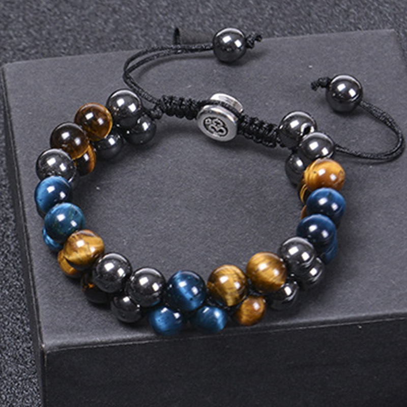 Wear FengShui Natural Blue Tiger Eye Black Magnetite Om Pattern Double Row Beads Strength Bracelet