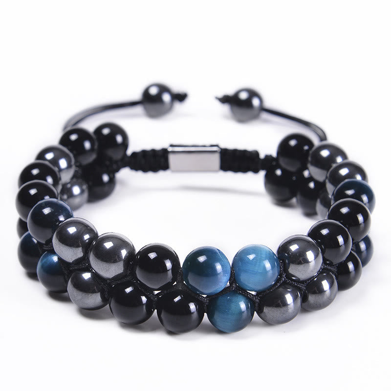 Wear FengShui Natural Blue Tiger Eye Black Magnetite Black Obsidian Double Row Beads Protection Bracelet