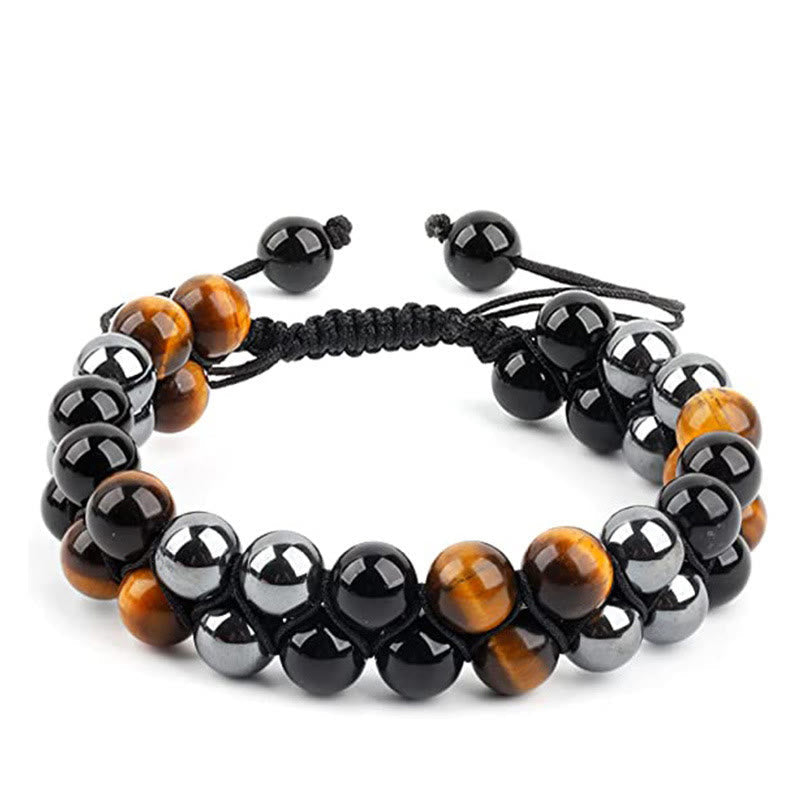 Wear FengShui Natural Tiger Eye Black Magnetite Black Onyx Double Row Beads Protection Bracelet