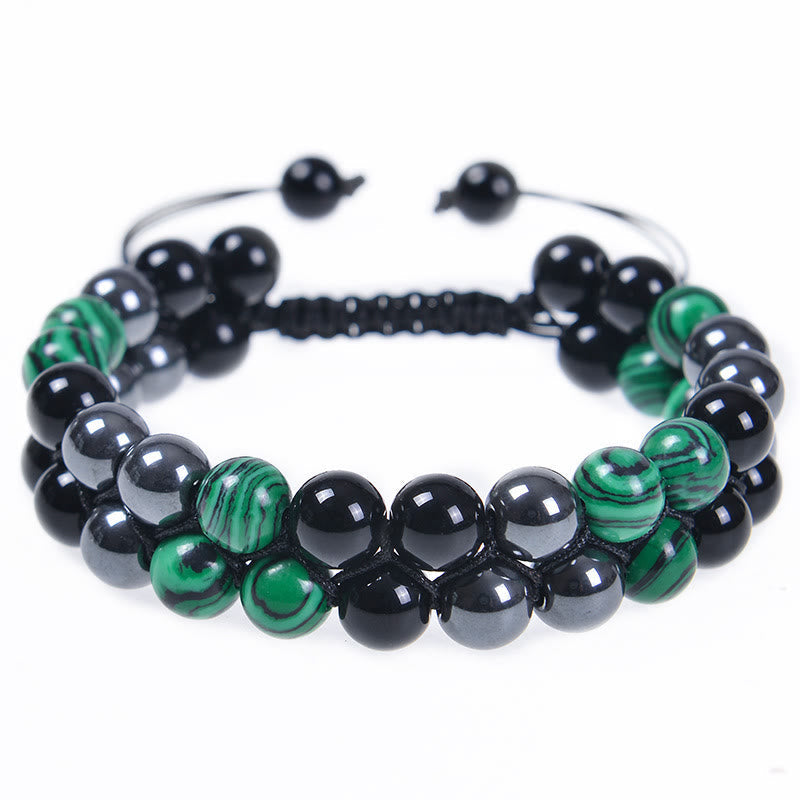 Wear FengShui Natural Malachite Black Magnetite Black Obsidian Double Row Beads Anti-Anxiety Bracelet