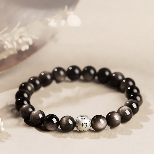 Wear FengShui Natural Silver Sheen Obsidian Om Mani Padme Hum Protection Bracelet