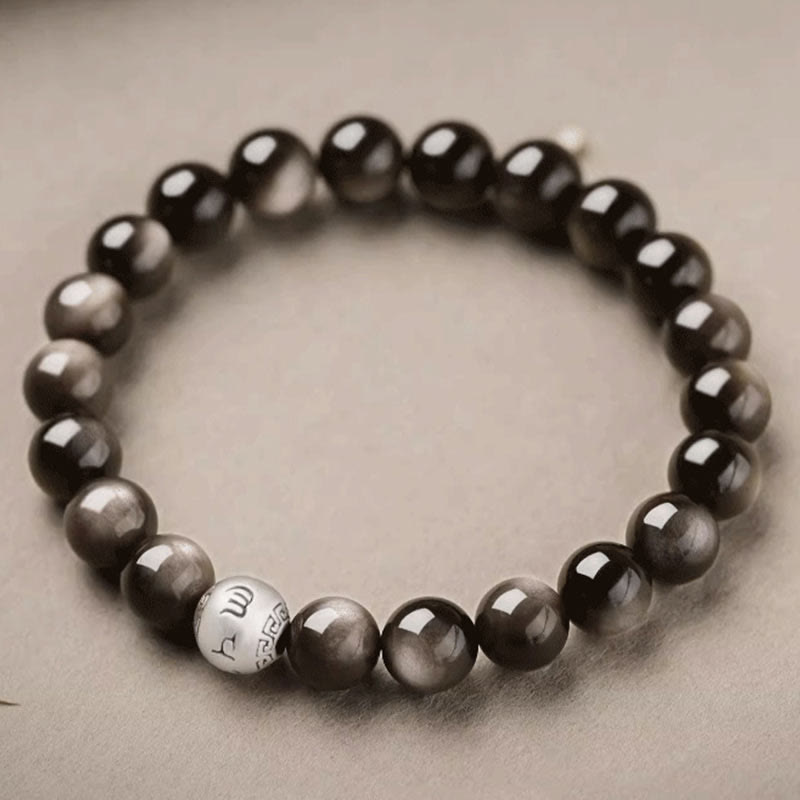 Wear FengShui Natural Silver Sheen Obsidian Om Mani Padme Hum Protection Bracelet