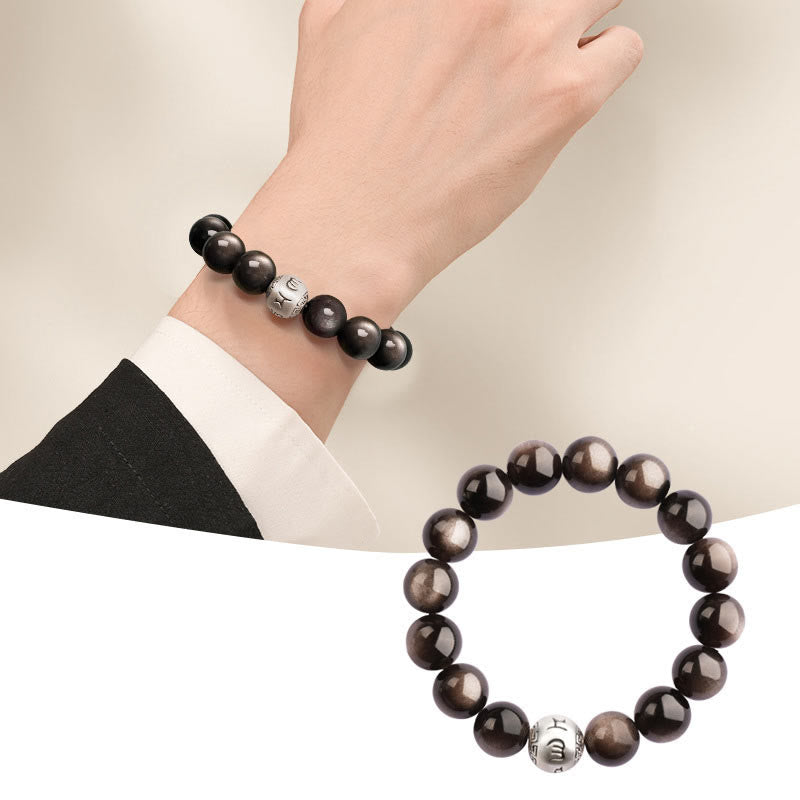 Wear FengShui Natural Silver Sheen Obsidian Om Mani Padme Hum Protection Bracelet