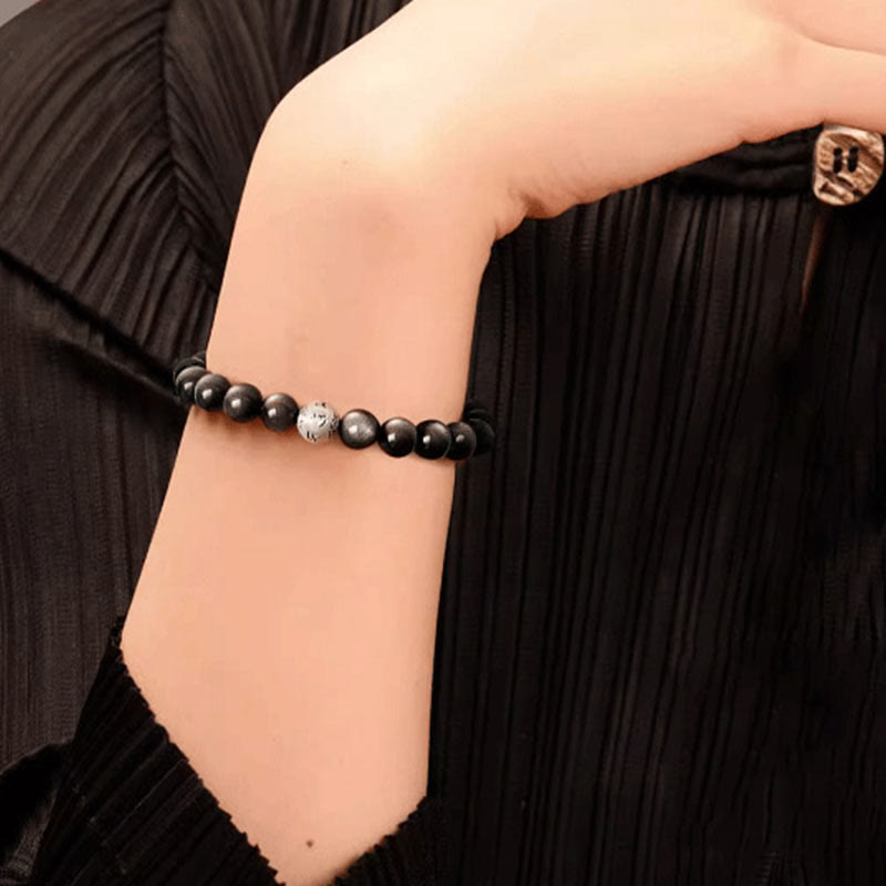 Wear FengShui Natural Silver Sheen Obsidian Om Mani Padme Hum Protection Bracelet