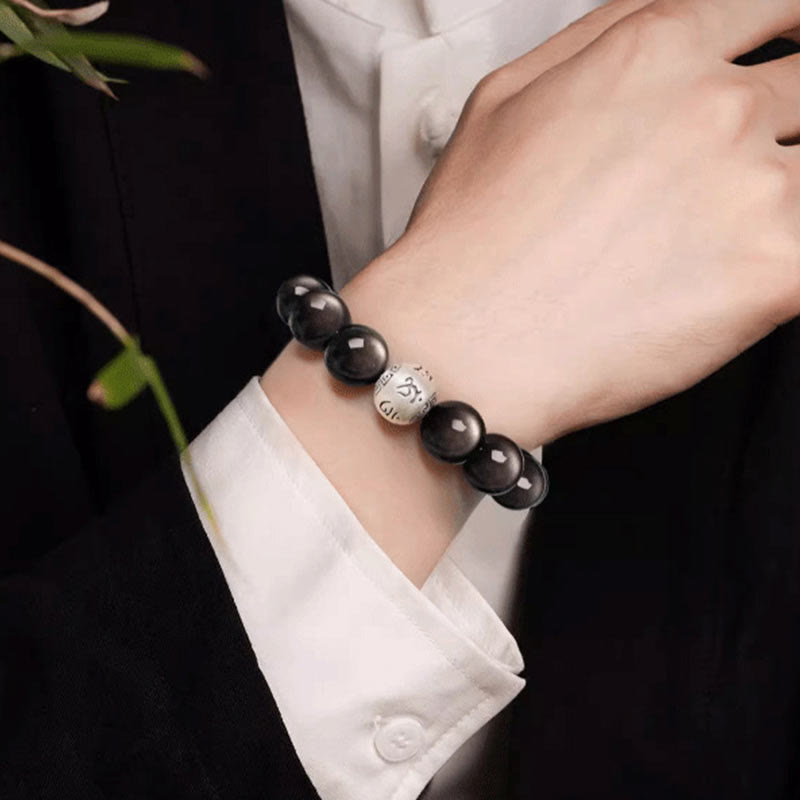 Wear FengShui Natural Silver Sheen Obsidian Om Mani Padme Hum Protection Bracelet