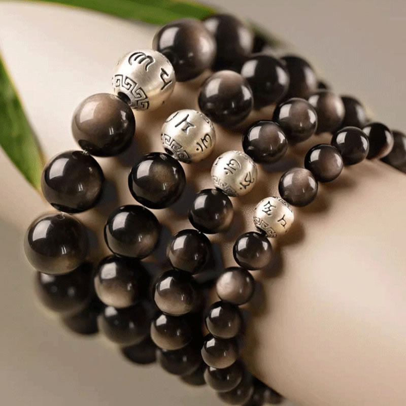 Wear FengShui Natural Silver Sheen Obsidian Om Mani Padme Hum Protection Bracelet