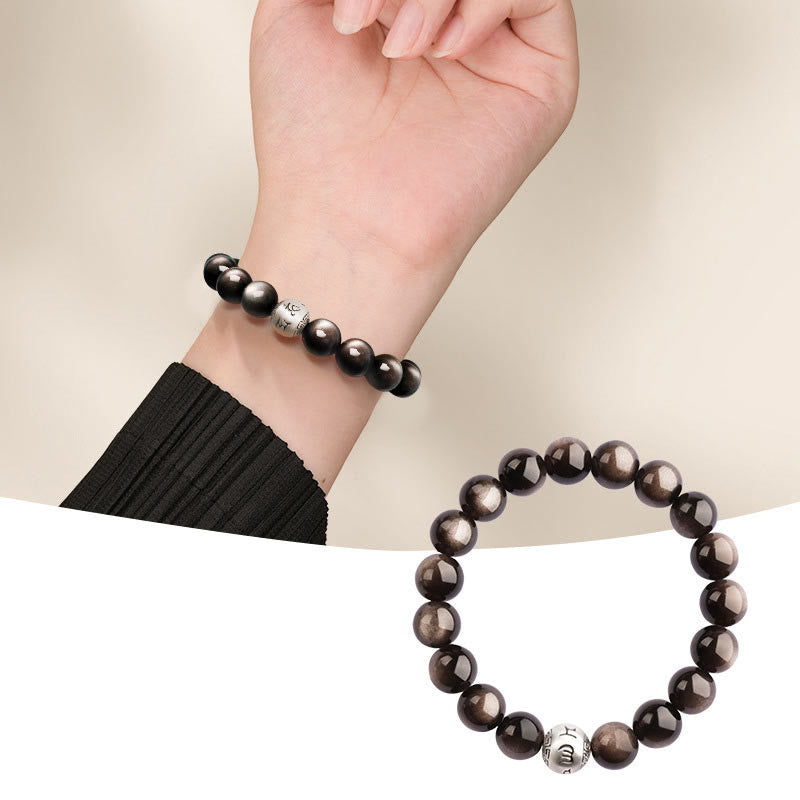 Wear FengShui Natural Silver Sheen Obsidian Om Mani Padme Hum Protection Bracelet