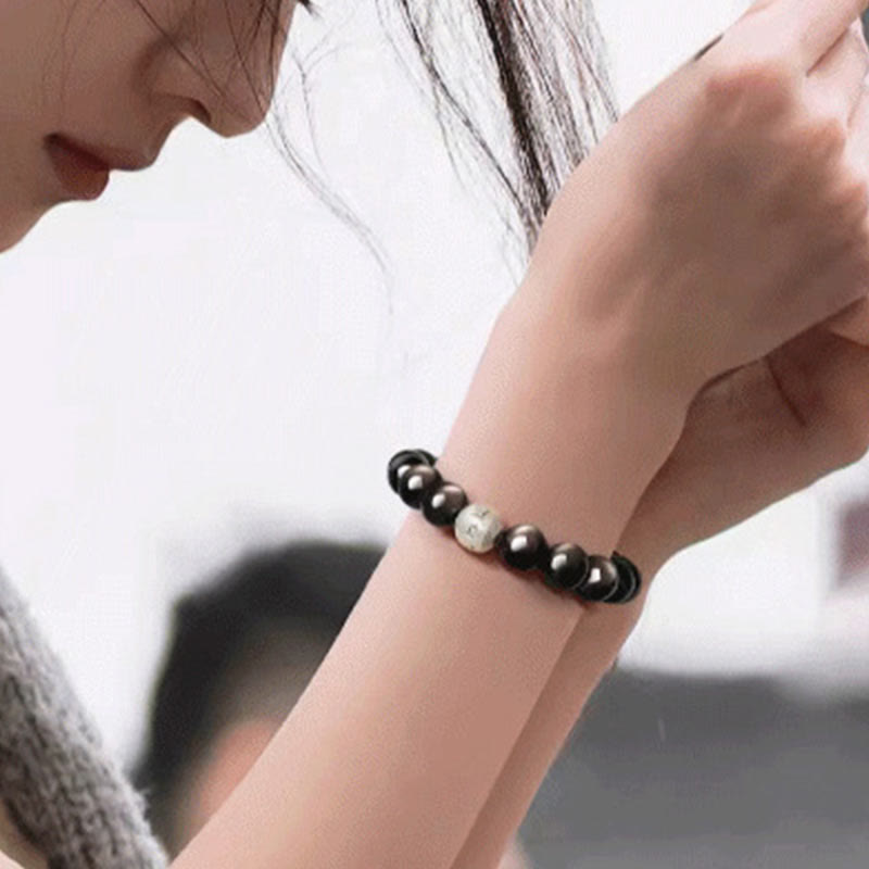Wear FengShui Natural Silver Sheen Obsidian Om Mani Padme Hum Protection Bracelet