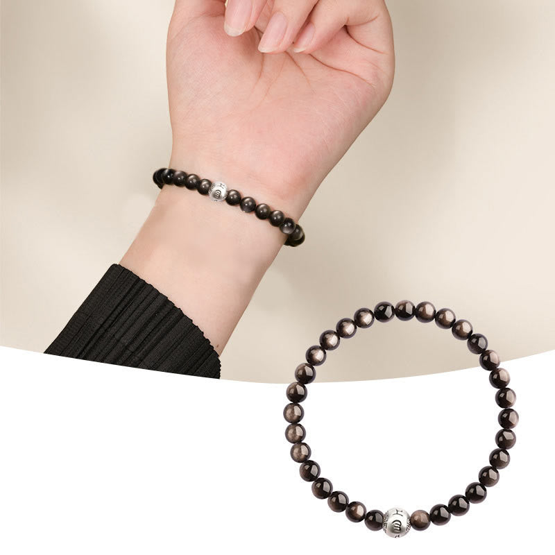Wear FengShui Natural Silver Sheen Obsidian Om Mani Padme Hum Protection Bracelet
